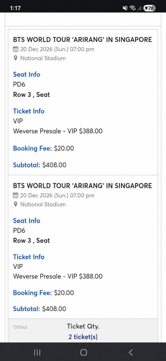 missrogony's tweet photo. Masih ada ya, WTS BTS Arirang in SG Singapore

💰 OVP 🚨

2 Tix VIP - Sederet
Weverse Presale
PD6 Row 3

Accept international buyer

Bacground check dulu ya guys kalo beli lewat 3rd party 😉
Kalo mau tanya2 bisa dm thank you 💜

.WTB WTS BTS SG Singapore Jakarta https://t.co/57JnORHDT5