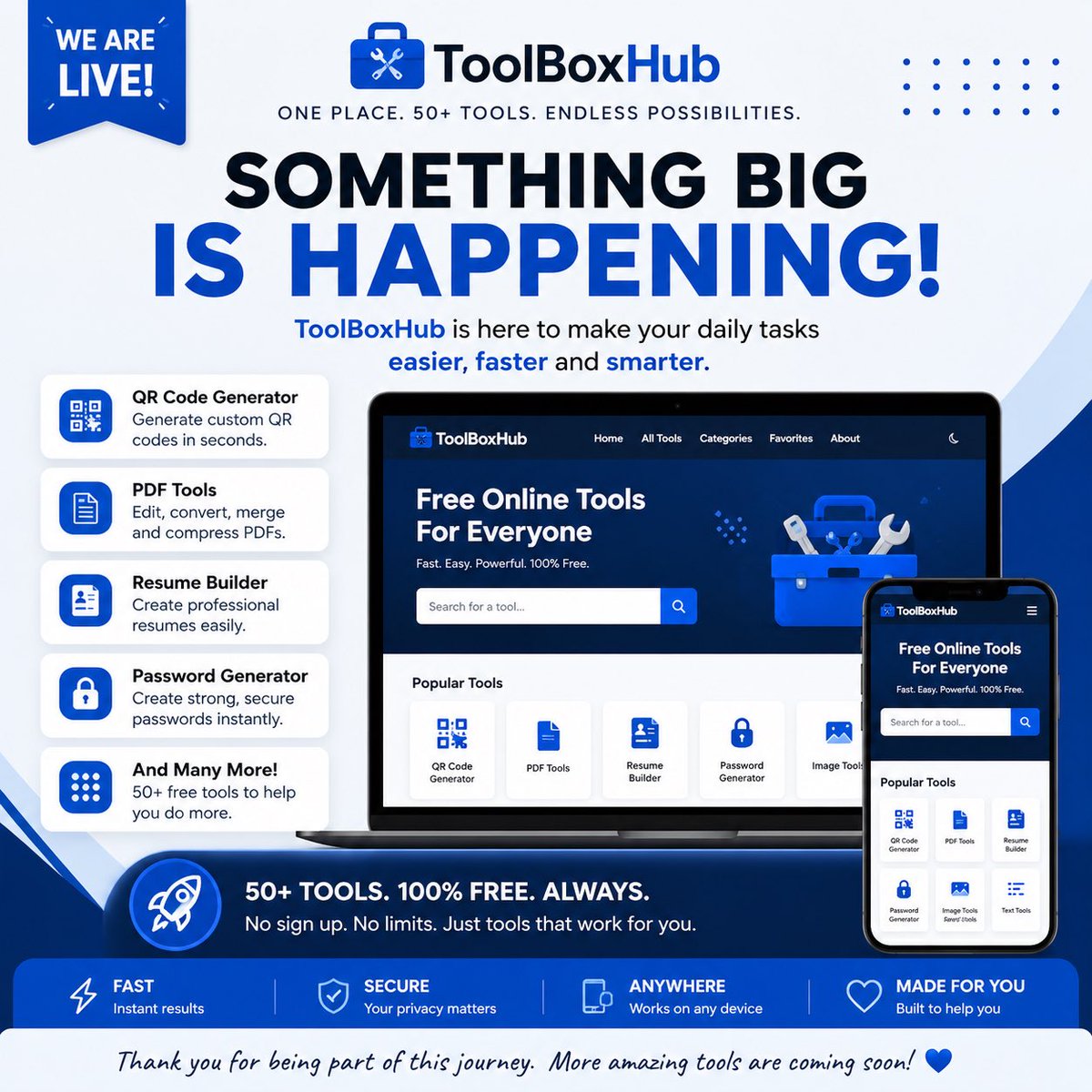 ToolboxHub's tweet photo. Quick question! 👇
What's the online tool you use the most?
🔹 PDF Tools 🔹 QR Code Generator 🔹 Resume Builder 🔹 Password Generator 🔹 Image Tools
Tell me in the comments.
Your answer might help us decide the next tools to build for ToolBoxHub! 🚀
#ToolBoxHub #Productivity https://t.co/xJK0cOhYHs