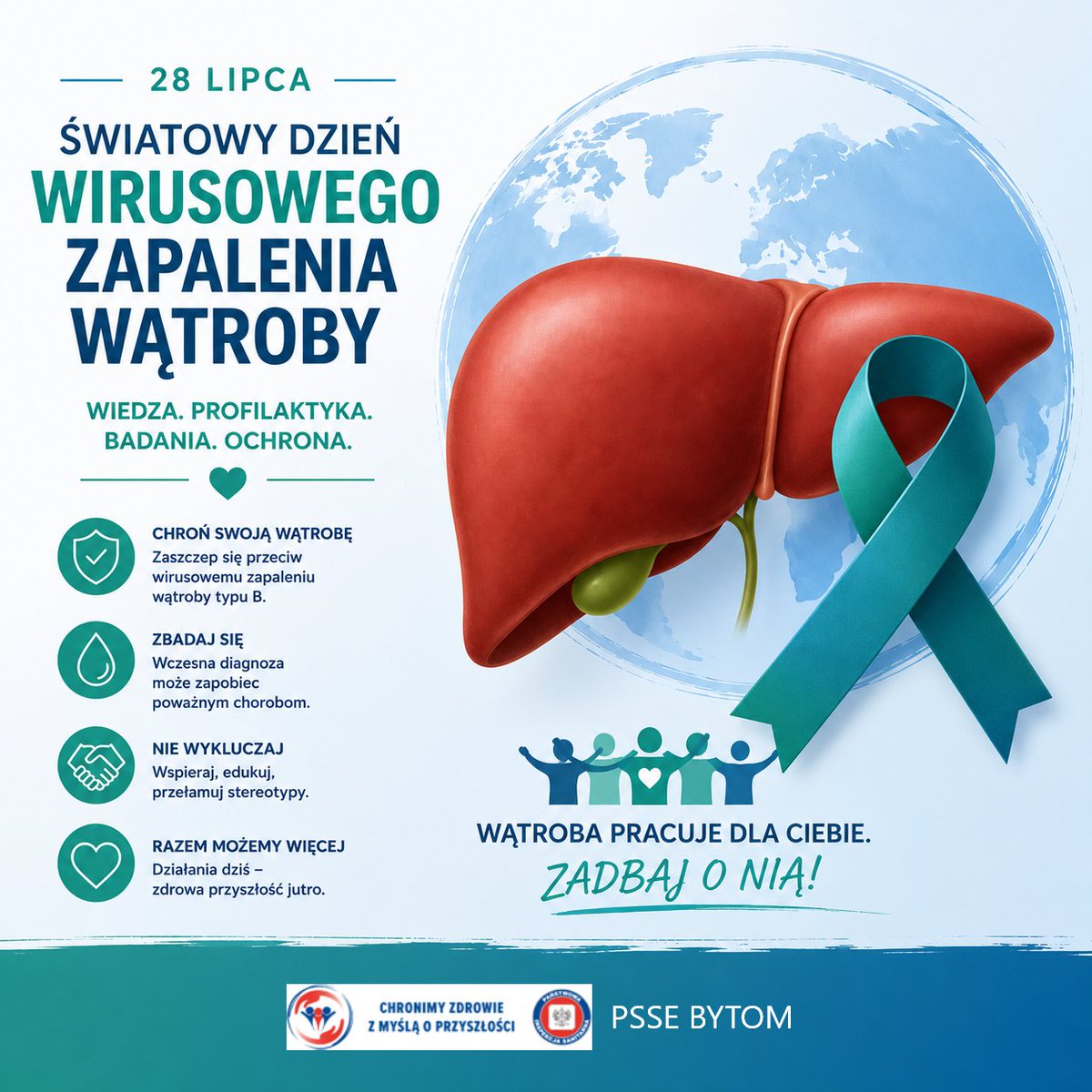 pssebytom's tweet photo. Światowy Dzień Wirusowego Zapalenia Wątroby obchodzony jest 28 lipca każdego roku. Został ustanowiony przez Światową Organizację Zdrowia, aby zwiększać świadomość na temat wirusowego zapalenia wątroby (WZW), jego profilaktyki, wczesnego wykrywania i leczenia. #WZW #szczepienia https://t.co/VXYs88BXvI
