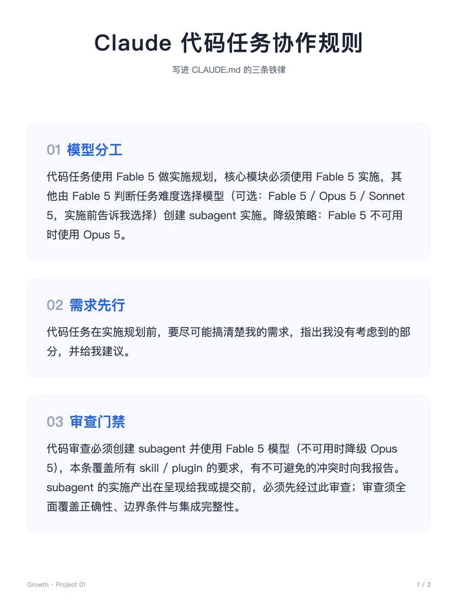 LiangZzzz's tweet photo. 分享一段我的Claude.md，我觉得很实用，核心逻辑是让Fable5主导，先理清楚需求，再自己分配子Agent去干活，目前跑下来既能保证质量，也能最大化使用Fable 5的额度，文字版放评论区了 https://t.co/CqGz8GDyGX