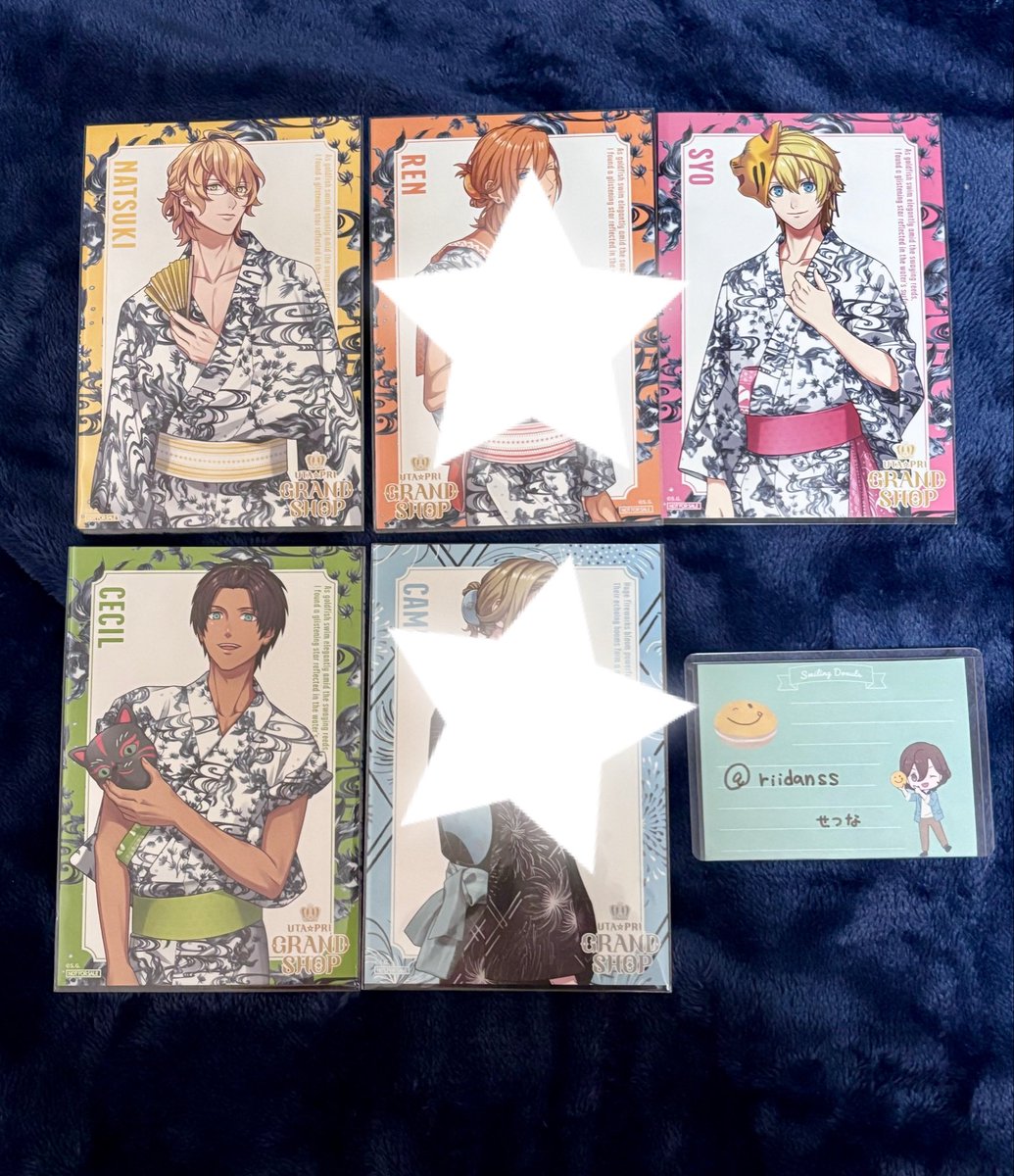 riidanss's tweet photo. 【交換】うたプリ グラショ ポスカ 浴衣 
YUKATA-MODE 

特典　ポストカード
譲）那月　翔　セシル
求）嶺二（MC優先）　藍 （浴衣）

8/2 AM池袋手渡し（午後は都内で相談）
千葉手渡し（平日夕方以降）
または郵送です。よろしくお願いします。 https://t.co/9DOmLINEgo
