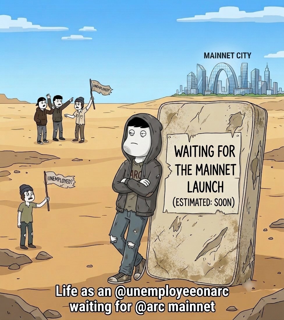 L4chain's tweet photo. Standing strong in the desert, waiting for the gates of Mainnet City to open... ⏳🏙️

​Soon™ isn't just a timeline, it's a lifestyle! 🔴

​@unemployeeonarc @arc

​#ArcNetwork #Mainnet #CryptoMemes https://t.co/g2P0rmmiEa