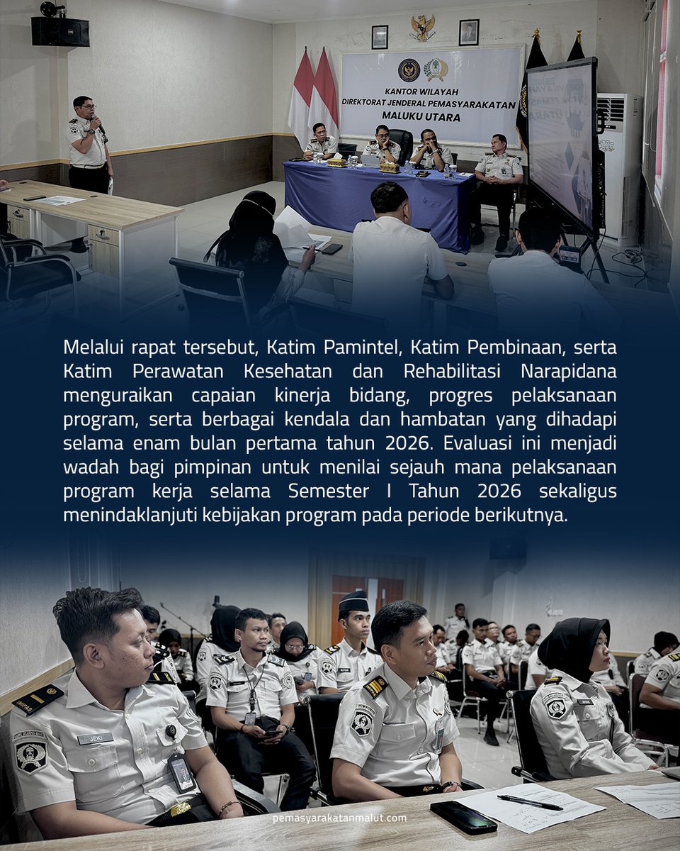 ditjenpasmalut's tweet photo. Kakanwil Ditjenpas Maluku Utara, Bagus Kurniawan, memimpin rapat lanjutan evaluasi kinerja Semester I Tahun 2026 guna memperkuat pelaksanaan tugas dan fungsi pemasyarakatan, Senin (27/07).

Berita selengkapnya : https://t.co/9W33b4FVme https://t.co/v0Pq5jEFFs