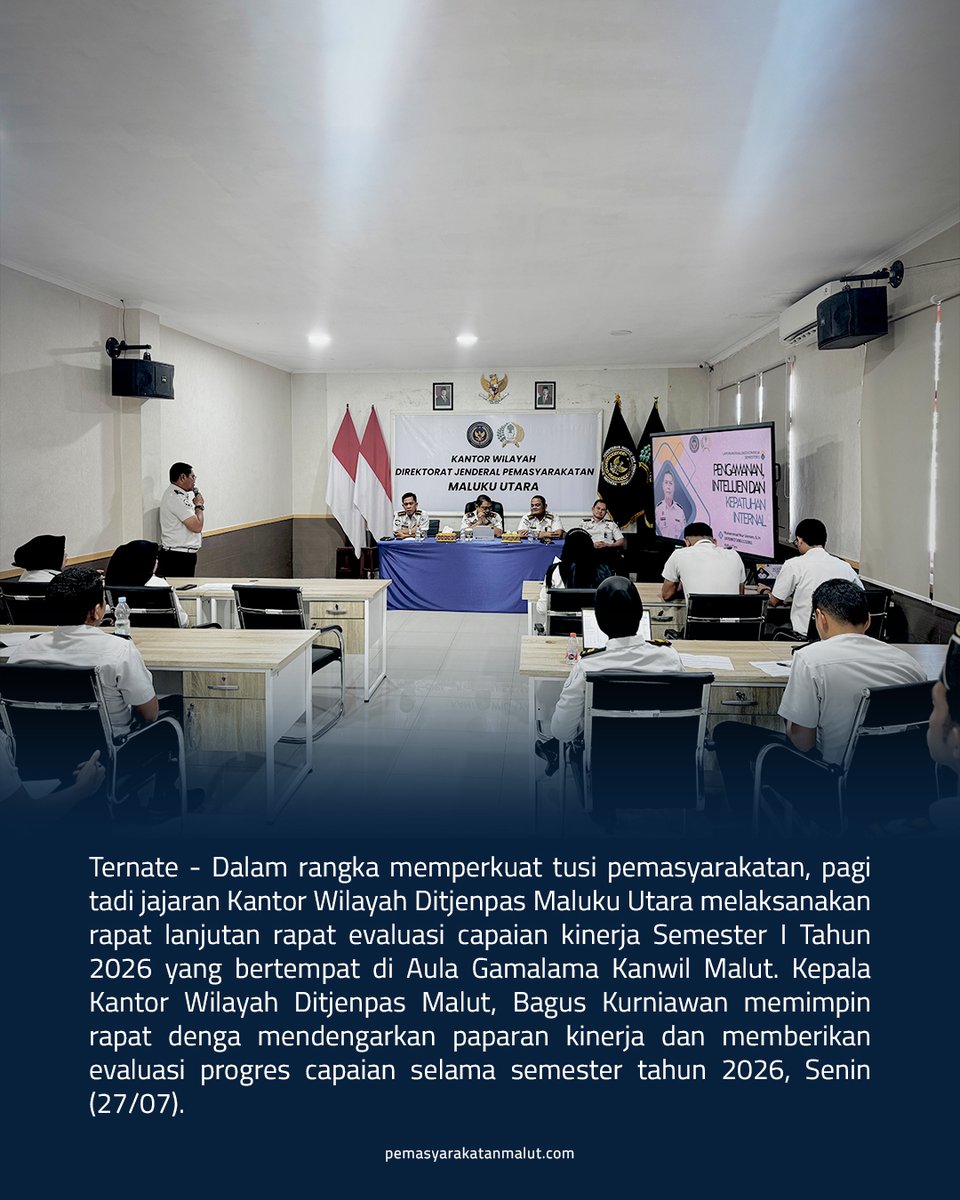 ditjenpasmalut's tweet photo. Kakanwil Ditjenpas Maluku Utara, Bagus Kurniawan, memimpin rapat lanjutan evaluasi kinerja Semester I Tahun 2026 guna memperkuat pelaksanaan tugas dan fungsi pemasyarakatan, Senin (27/07).

Berita selengkapnya : https://t.co/9W33b4FVme https://t.co/v0Pq5jEFFs