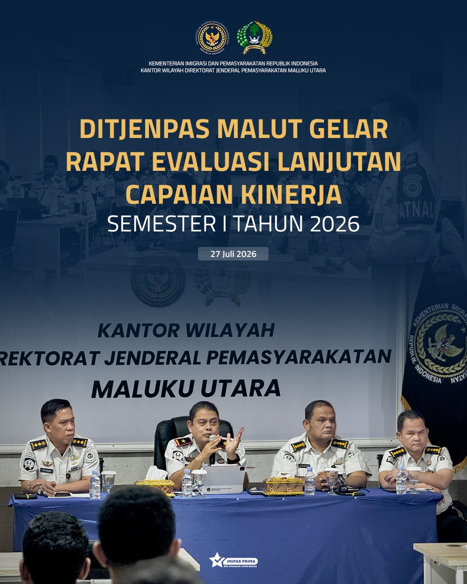 ditjenpasmalut's tweet photo. Kakanwil Ditjenpas Maluku Utara, Bagus Kurniawan, memimpin rapat lanjutan evaluasi kinerja Semester I Tahun 2026 guna memperkuat pelaksanaan tugas dan fungsi pemasyarakatan, Senin (27/07).

Berita selengkapnya : https://t.co/9W33b4FVme https://t.co/v0Pq5jEFFs