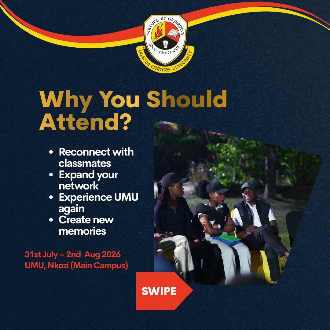 umu_nkozi's tweet photo. More than an eventโ
itโs a return home. ๐UMU Alumni Homecoming 2026
๐
31 July โ 2 Aug
๐ Nkozi
Reconnect. Celebrate. Relive.
๐ https://t.co/Nx6u7kxxdp
#UMUHomecoming #LetsRewind #JoinTheDifferenceMakers https://t.co/wBybngTsfi
