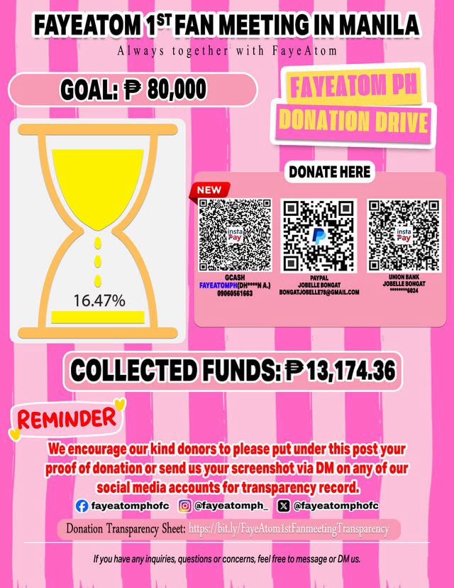 fayeatomphofc's tweet photo. [⏳] #UPDATE: As of JULY 27, 6:15 PM PST, we have collected a total of ₱13,174.36 in donations.

FAYEATOM FAMILY, we only have 5 DAYS LEFT, and we have reached only 16.47% of our target goal.
This is our final stretch, and we are humbly asking for your help. Every peso truly counts. No amount is ever too small because every donation brings us one step closer to making this fan meeting a memorable and meaningful surprise for Faye and Atom.

If you've been planning to donate, now is the best time. Your support today can make a real difference in helping us complete these projects before the event. To everyone who has donated, shared our posts, and continuously supported this fundraiser—thank you from the bottom of our hearts. 

DONATE HERE:
GCASH: FAYEATOMPH (DH****N A.) – 09060561663
PAYPAL: Jobelle Bongat – bongatjobelle78@gmail.com
UnionBank: Jobelle Bongat – ********6024

Donation Transparency Sheet: https://t.co/WxiZyWo8xW

#FayeAtomF1stFMinManila
#FayeAtom
#FayePeraya #AtomPariya
