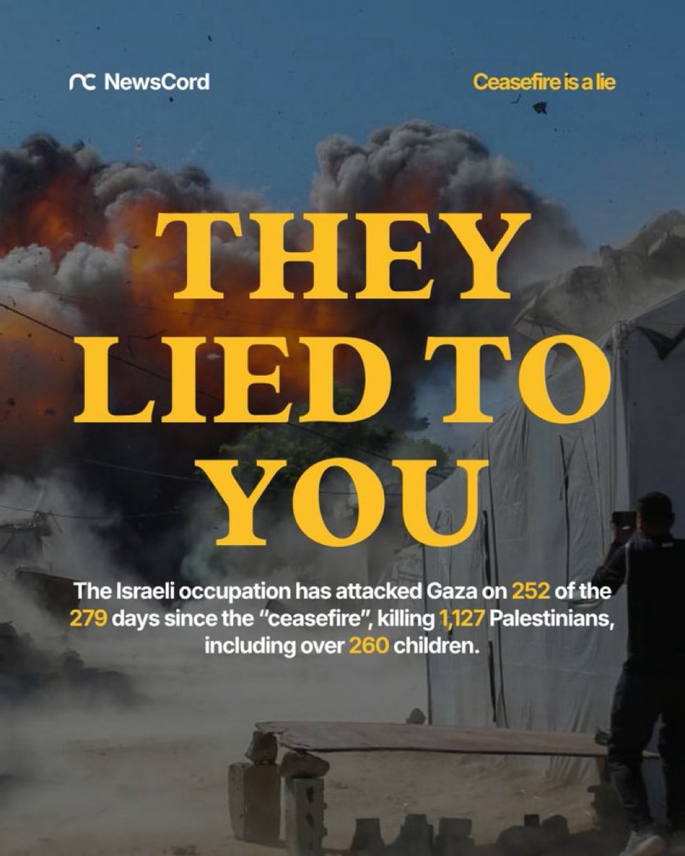 4zharabdullah's tweet photo. The “ceasefire” is a lie

Israel has attacked Gaza on 252 of the 279 days since it began

1,127 Palestinians killed including over 260 children

Almost one child a day
The fire never stopped
Only the coverage did

This is what operating above the law looks like:
the power to keep killing under the name of peace, with zero accountability