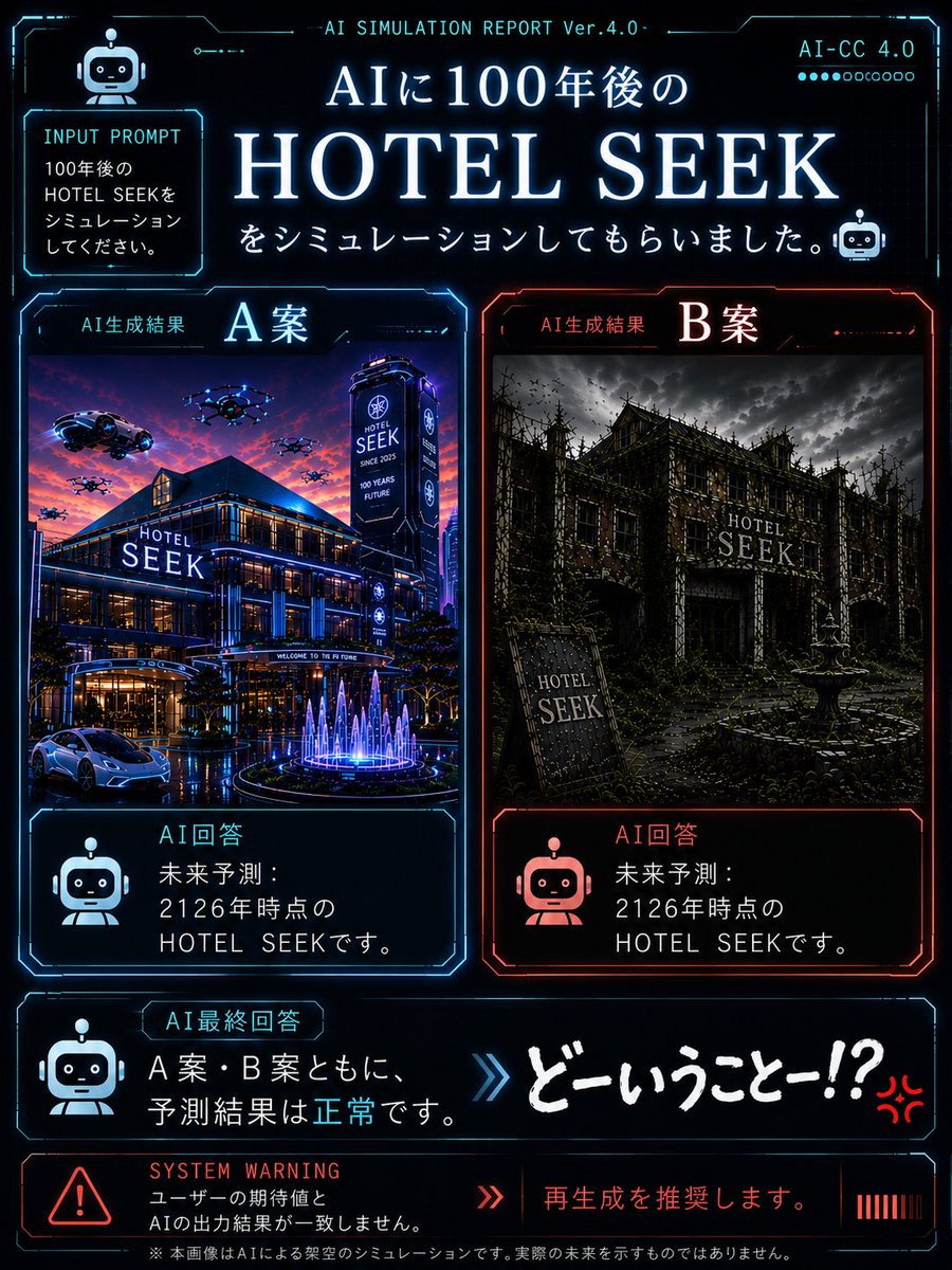 HOTELSEEK's tweet photo. 🤖 AIに100年後のHOTEL SEEKをシミュレーションしてもらいました。🔮✨️

AI最終回答
「A案・B案ともに、予測結果は正常です。」

……いや
どーいうことー！？🤣

もし100年後のHOTEL SEEKを選べるなら、
皆さま...A案派ですよね？😅💦

B案は…却下！
これだからAIは...٩(๑•̀ ₃ •́ )۶ﾌﾟﾝｽｺ https://t.co/24mmBKWseD