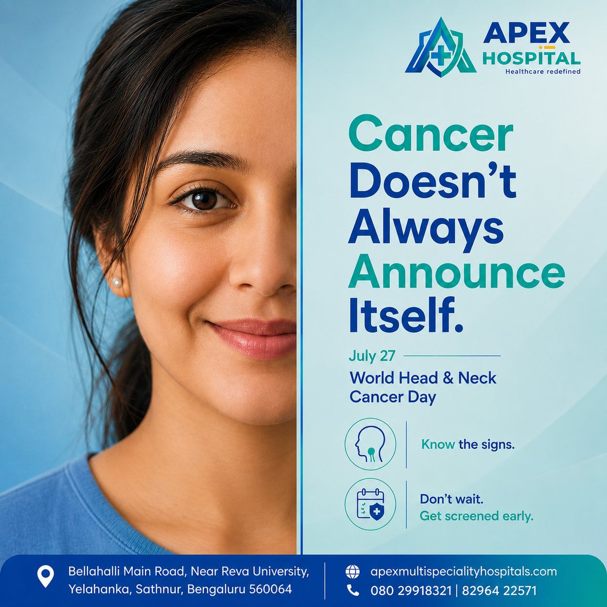 Apex_MSH's tweet photo. Many cancers don't show clear symptoms in the early stages.

This #WorldHeadAndNeckCancerDay (July 27), choose awareness over assumptions.

Know the signs. Don't wait. Get screened early.

#HeadAndNeckCancer #CancerAwareness #EarlyDetection #PreventiveHealthcare #ApexHospital https://t.co/CVdB4xrRl8