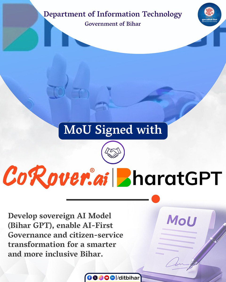 DitBihar's tweet photo. The Department of Information Technology, Government of Bihar has signed an MoU with CoRover | BharatGPT to accelerate the development of Bihar
@mishranitish
@CoRover_App
@bharat_gpt
@SabharwalAnkush
#BiharGPT #BharatGPT #CoRoverAI #DigitalBihar #AIFirst #ArtificialIntelligence #DigitalGovernance #CitizenCentric #Innovation #EmergingTech #GovTech #TechForGood #BiharIT #DepartmentOfIT #GovernmentOfBihar #ViksitBihar #AIForGovernance #DigitalTransformation #FutureReadyBihar