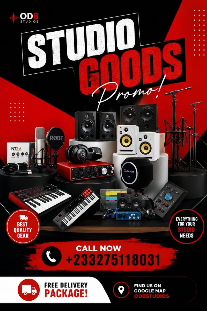 ODBStudios's tweet photo. 🎧🎹🎤 BUY FRESH STUDIO GEAR! 🎶🔊

🖥️ Soundcards | 🎛️ Mixers | 🔈 Studio Speakers
🧱 Studio Foams | 🎹 Keyboards | 🎤 Microphones
🎧 Headphones | 🎚️ Stands | 🎶 Cables &amp; more!

🚚 PLUS, FREE DELIVERY!! 🎁✨

📲 @odbstudios
📞 Info: +233275118031 https://t.co/ozB3J2E5Kt