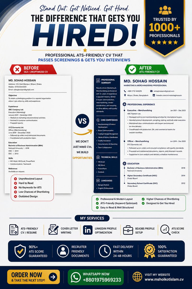 mshoikotislam's tweet photo. Your CV is your first impression—make it count. Upgrade to an ATS-Friendly Resume and increase your chances of getting shortlisted.
#ATSFriendlyCV #ResumeWriting #CVWriting #Resume #Career #JobSearch #Interview #CareerGrowth #LinkedIn #JobSeeker https://t.co/4QLvn9soH9