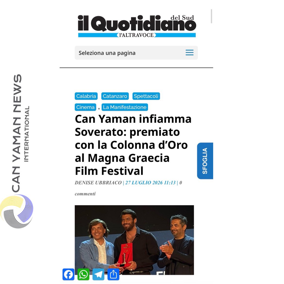 CanYamanNewsInt's tweet photo. 🇮🇹🗞️| IL Quotidiano Del Sud - #CanYaman inflames Soverato: awarded the Golden Column at the Magna Graecia Film Festival.

By Denise Ubbracio 

Part 4:

A choice that comes from the desire to expand one's artistic path and show the public still unpublished nuances. After years characterised by intense roles and characters with a strong emotional impact, Yaman now looks at the possibility of measuring himself with different registers: "I hope this new project goes well, but I already have the feeling that I will have a lot of fun". After thanking the public and the press present, the final greetings and the group shot with the organisers of the festival arrived.

Can Yaman awarded the Golden Column at the Magna Graecia Film Festival

After the press conference, Can Yaman is back among the people again. Outside the Town Hall, an enthusiastic crowd was still waiting for him: new applause, smiles, selfies and photographs accompanied the exit of the Turkish actor, who allowed himself to fans before reaching the Arena on the seafront of Soverato. On stage, welcomed by the warmth of the audience, Can Yaman received the Golden Column (made by master goldsmith G.B. Spadafora), one of the most prestigious awards of the event, dedicated to artists capable of leaving a mark on the international film and audiovisual scene. The actor then told himself in the Author's Conversation, conducted by Antonio Capellupo, retracing the main stages of his artistic career.

To accompany the dialogue, the projection of some emblematic scenes of the productions that have marked his career, in a journey between the characters played and the experiences that took him to the first season of Sandokan. After the event, the bond between the actor and the audience also manifested itself outside the Arena. A long trail of affection accompanied Can Yaman to the car, including greeting requests, smiles and phones ready to capture every moment. The actor reciprocated the closeness of those present with great willingness, stopping to greet the fans before leaving the Festival, in a finale that returned all the strength of the relationship built over the years with his audience.

https://t.co/UXElrxGhEN