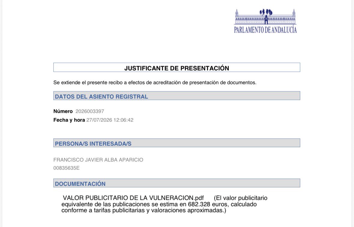 JavierAlbaA's tweet photo. Hoy se ha presentado el informe pericial al @ParlamentoAnd sobre la vulneración del Ayto de Granada de la obra registrada @MacarenayPaco
El consistorio obtuvo un rédito valorado aprox en 682.328€ calculado conforme a las tarifas publicitarias sin embargo, el juez eximió al Ayto https://t.co/SRU3qM4I7U