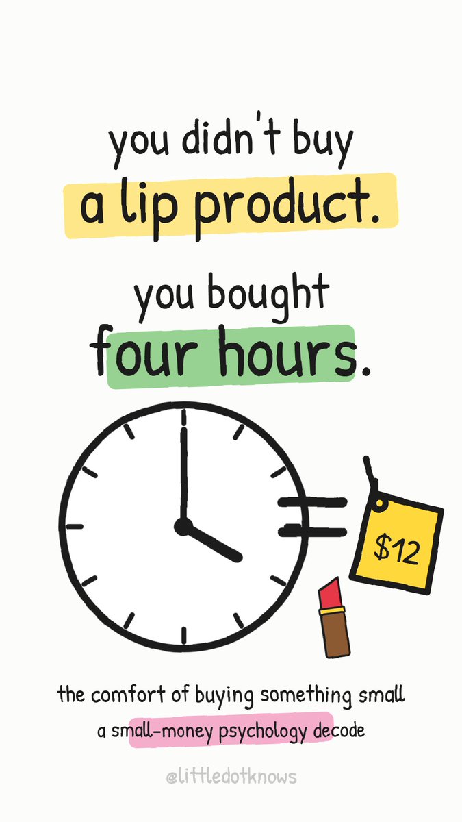 littledotknows's tweet photo. You bought four hours. For $12 you bought the feeling that something finally did what you asked. That's not shopping — it's the cheapest control money can buy. 🕓

#retailtherapy #compensatorycontrol #consumerpsychology #whywebuy #lipstickindex #littledotknows #shorts https://t.co/9LhV30eiZs