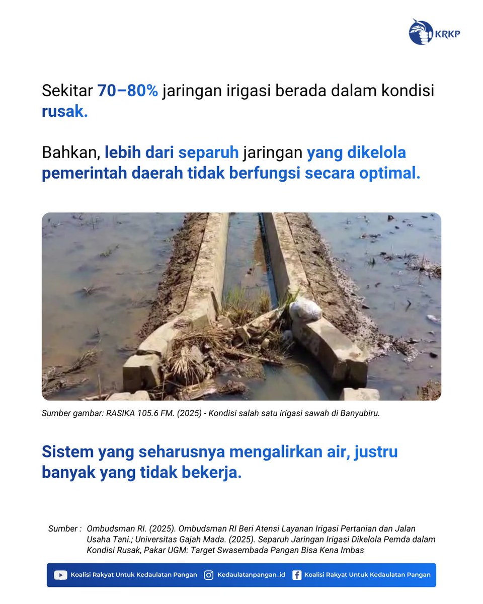 krkp_id's tweet photo. Pembaruan agraria bukan sekadar soal lahan.
Tanpa irigasi yang berfungsi,
akses hanya jadi janji
dan krisis pangan bukan lagi ancaman, tapi kenyataan.

#ReformaAgraria #KrisisPangan #KedaulatanPangan #KedaulatanPetani 

1/2 https://t.co/EhGHzjVRYQ