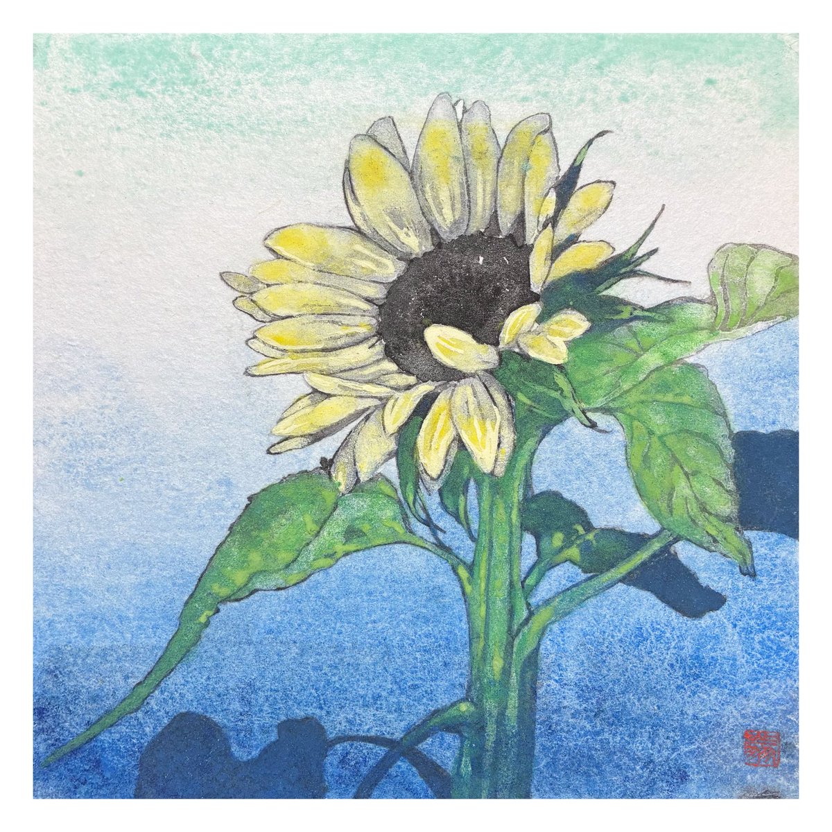me091002's tweet photo. 「ひまわり」
S0号(179mm×179mm)
膠・高知麻紙・岩絵具　を使用
2026年1月制作

高知麻紙の裏面の凹凸のある面を表として木製パネルに水張りし、岩絵具を置いた時に高知麻紙の凹凸によって生まれる表情を上手く使って制作出来ないかと試行錯誤して制作しました！ https://t.co/ibp2hEuMtv