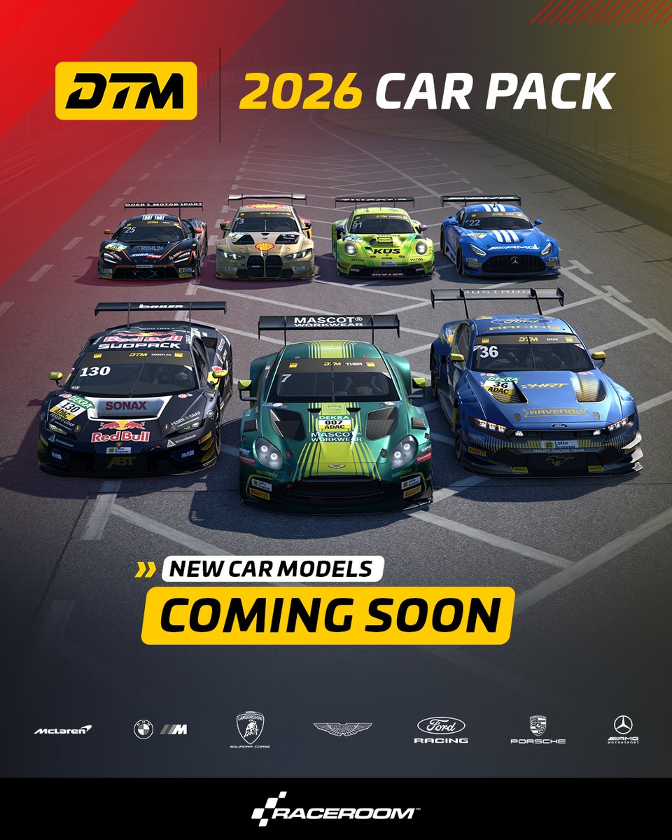 raceroom's tweet photo. The #DTM 2026 Car Pack is coming soon to #RaceRoom! 

Take on the latest season, including brand-new GT3 machinery from Aston Martin, Ford, Lamborghini and Porsche.

The new era of DTM is almost here. 🏁 https://t.co/0vrzt997nz