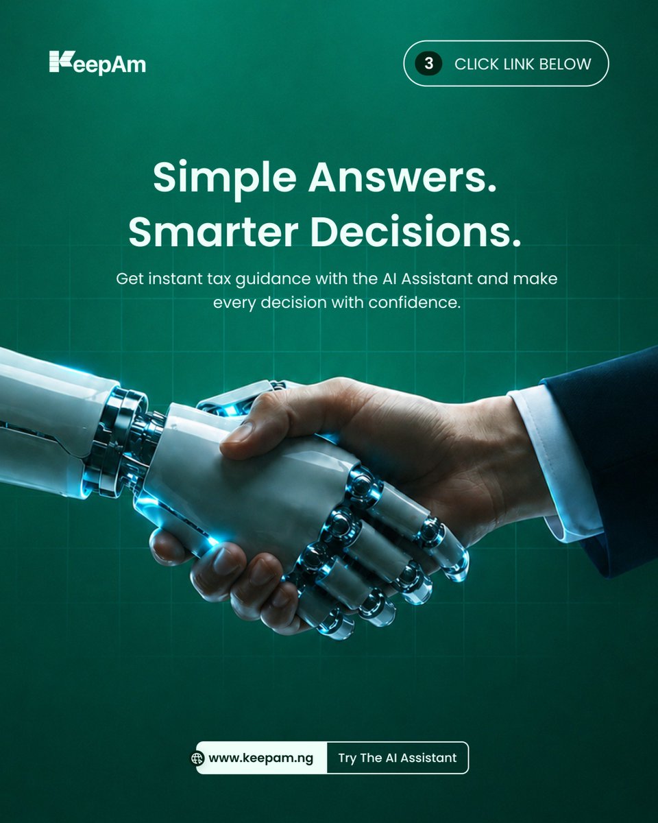keepamapp's tweet photo. Tax questions don't have to be confusing. KeepAm's AI Assistant helps you understand tax in simple language, so you can make informed decisions with confidence.
👉 Try it today at https://t.co/BgmhTqVlHF
#taxassistant #nigeriantax #financialmanagement #taxhelp #keepam https://t.co/c2Aocj8N23