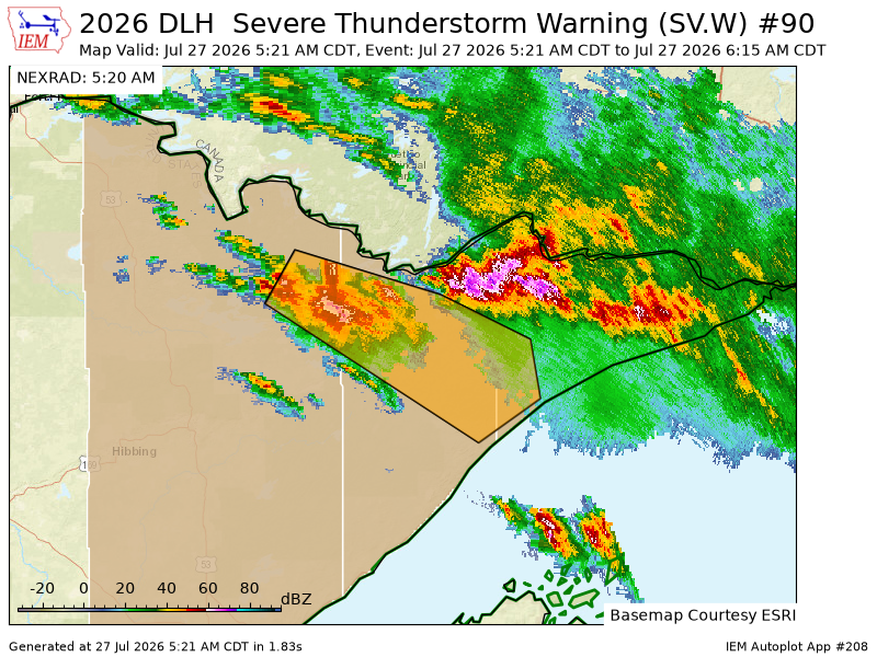 ELYMNWX's tweet photo. DLH issues Severe Thunderstorm Warning [wind: 60 MPH (RADAR INDICATED), hail: 1.00 IN (RADAR INDICATED)] for Cook, Lake, St. Louis [MN] till 6:15 AM CDT https://t.co/xAuD7uvi1F https://t.co/vAm0yDhsom