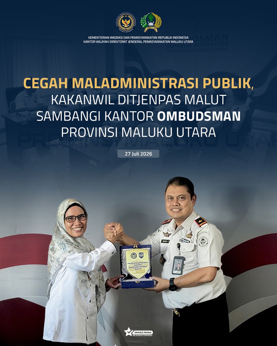 ditjenpasmalut's tweet photo. Jajaran Kanwil Ditjenpas Maluku Utara berkunjung ke Kantor Ombudsman Provinsi Maluku Utara untuk memperkuat penyelenggaraan pelayanan publik yang bersih dan berkualitas, Senin (27/07).

Berita selengkapnya : https://t.co/qAqjCnw8iU https://t.co/wUn0ynx0pk