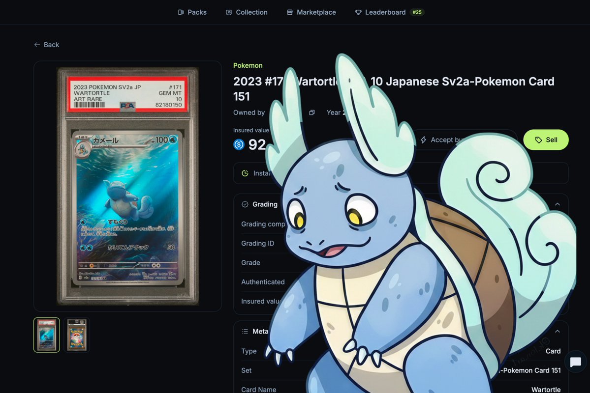 jup_offerbook's tweet photo. POV (intern) : Just pulled a PSA 10 Wartortle from @JupiterExchange Gacha. I'm trying to complete the SV151 Kanto starter set (all 9 evolution cards).

The problem is the marketplace doesn't even have all the cards I need. So what do I do chat?

• Sell it and maybe I can buy it back later at marketplace?
• Buy the missing cards offchain?
• Borrow against the turtle on @jup_offerbook so I'm ready the moment one gets listed?

My biggest fear is selling it then watching the price climb before I can buy it back.. Need some collector wisdom...