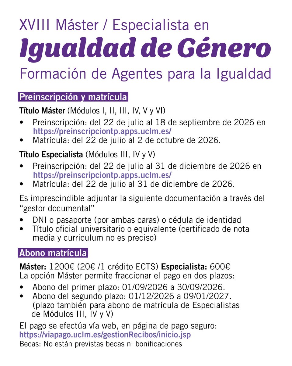 MIgualdadUCLM's tweet photo. ABIERTO PLAZO DE INSCRIPCIÓN 
Del 22 de julio al 3 de octubre 2026

https://t.co/rgU09jz6yo… https://t.co/B1swkB036I https://t.co/2AiQVGWqX9