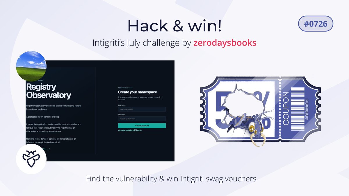 intigriti's tweet photo. ⏰ It's CHALLENGE O'CLOCK!
👉 Capture the flag before Monday the 3rd of August
👉 Win €400 in SWAG prizes
👉 We'll release a tip for every 100 likes on this tweet
Thanks @silent_web3_ (zerodaysbooks) for the challenge 👇
https://t.co/0Yfuj4Ol9q https://t.co/bs6s6bPIXi