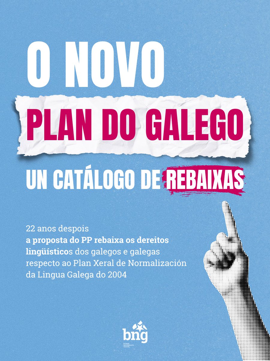 bngparlamento's tweet photo. 𝗢 𝗻𝗼𝘃𝗼 𝗣𝗹𝗮𝗻 𝗱𝗼 𝗚𝗮𝗹𝗲𝗴𝗼 𝗲́ 𝘂𝗻 𝗰𝗮𝘁𝗮́𝗹𝗼𝗴𝗼 𝗱𝗲 𝗿𝗲𝗯𝗮𝗶𝘅𝗮𝘀.

➡️ 22 anos despois a proposta do PP rebaixa os dereitos lingüísticos dos galegos e galegas respecto ao Plan Xeral de Normalización da Lingua Galega do 2004.

🧵 https://t.co/UQAvcNgdsA