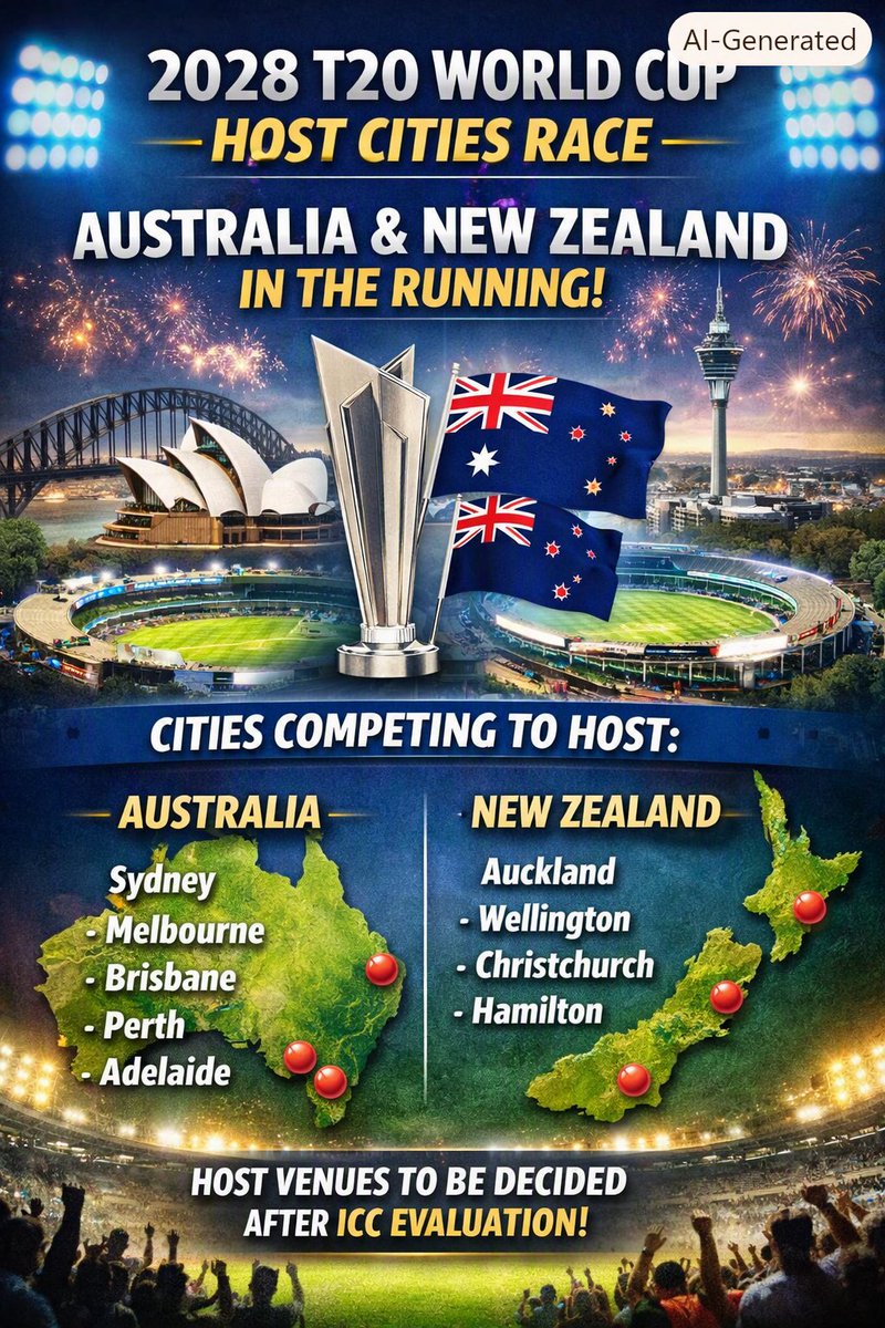 Masoodsvbr's tweet photo. 2028 T20 World Cup Host Cities Race
The race to host matches for the 2028 ICC Men's T20 World Cup is heating up, with several cities across Australia and New Zealand https://t.co/eDioSFlW41