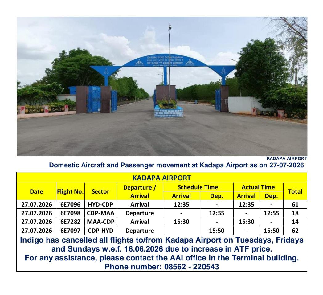 aaikdpairport's tweet photo. Domestic Aircraft and Passenger movement at Kadapa Airport as on 27-07-2026 https://t.co/sO92TP4YIk
