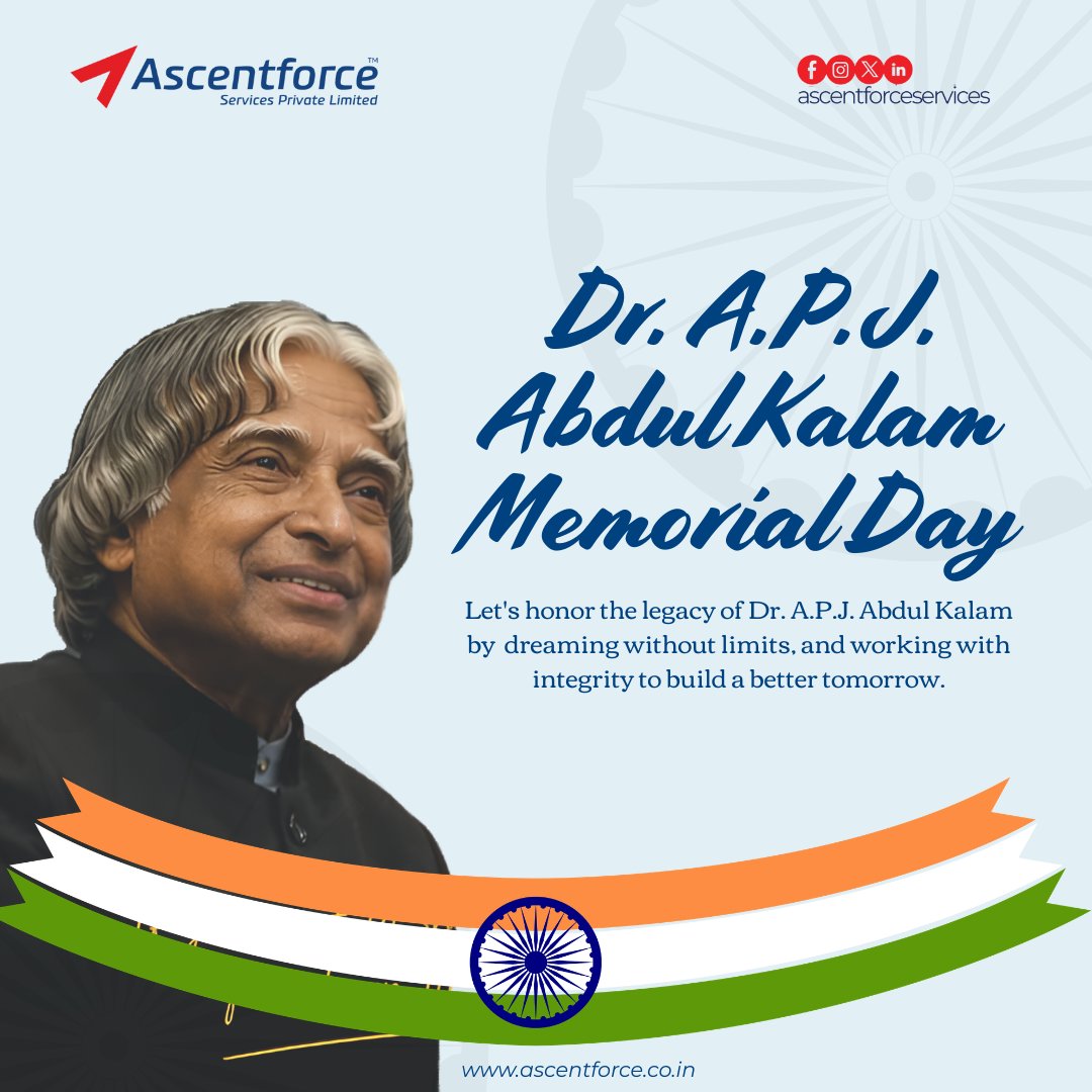 AscentforceLtd's tweet photo. Honoring the Legacy of Dr. A.P.J. Abdul Kalam!

Together, Let us honor his legacy by nurturing young minds, embracing innovation, and working together to build a stronger and more developed India.

#AscentforceServices #DrAPJAbdulKalam #MissileManOfIndia #MemorialDay https://t.co/3G7uRgBiGA