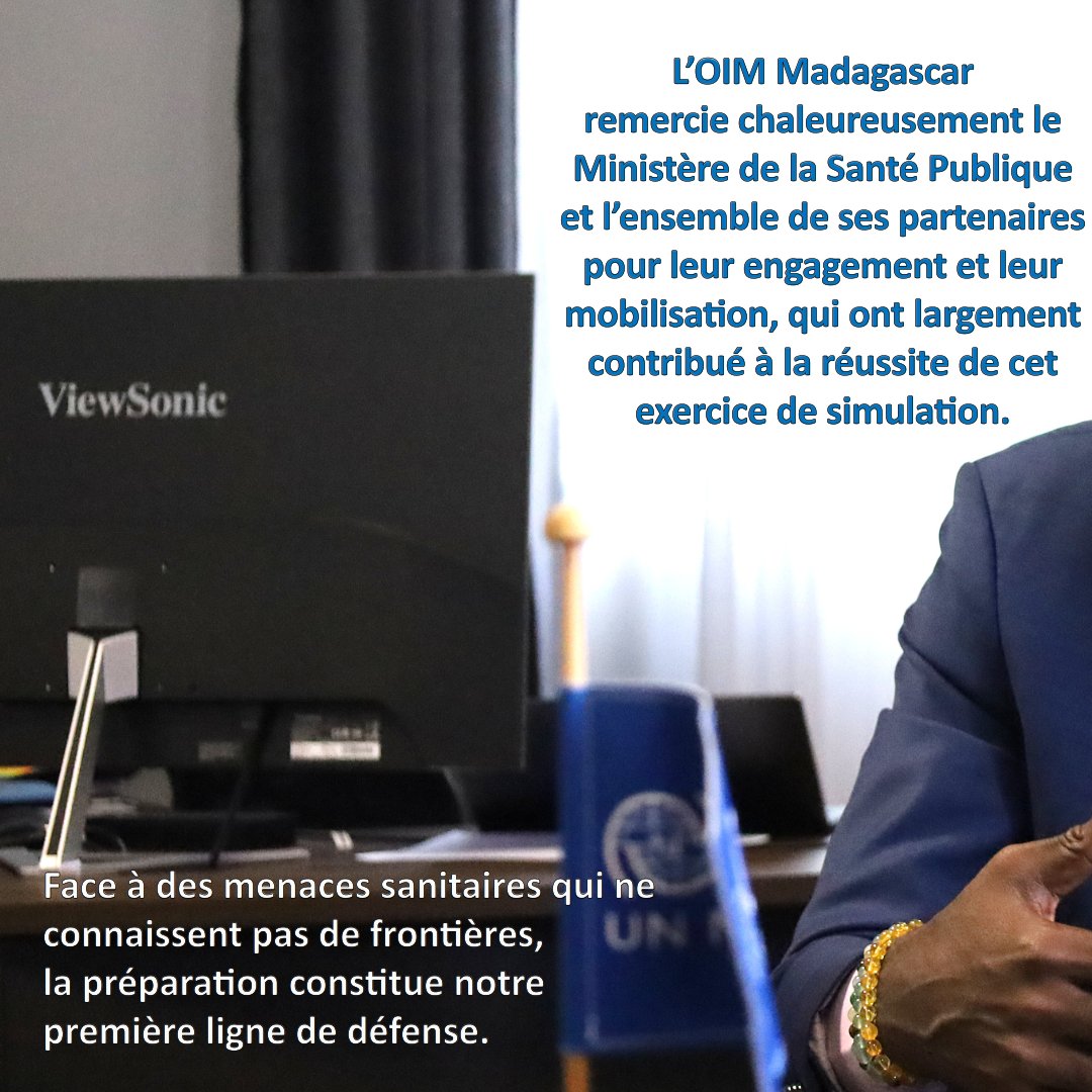 IOM_Madagascar's tweet photo. A message from M. Roger-Charles EVINA, Chief of Mission of IOM Madagascar & Comoros, on the simulation exercise | #SIMEX on the management of suspected case of Ebola virus disease, held at Ravinala Ivato International Airport from 21 to 23 July 2026.@Pandemic_Fund @WHO @IOM_EHSA https://t.co/5CblF84kaM