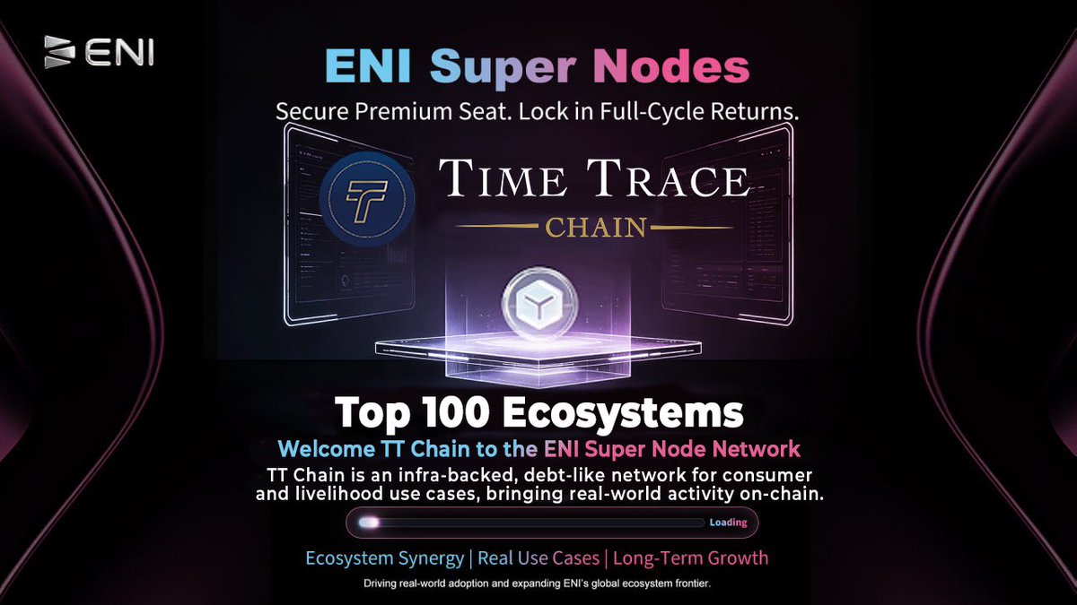 ENI__Official's tweet photo. 🚀 Welcome TT Chain to the ENI Global Super Node Network!

We’re excited to announce that @TTChain_ has officially become an ENI Super Node and is now part of the ENI Top 100 Ecosystems Program.

Built as a consumer-focused RWA infrastructure, TT Chain brings real-world assets and activities on-chain, while ENI provides the enterprise-grade modular blockchain foundation for large-scale commercial adoption. Together, we’ll accelerate ecosystem interoperability, real-world applications, and long-term Web3 growth.

The ENI Super Node Program continues to unite the world’s leading institutions, ecosystems, and exchanges into one global network.

#ENI #SuperNode #TTChain #RWA #Web3 #Blockchain