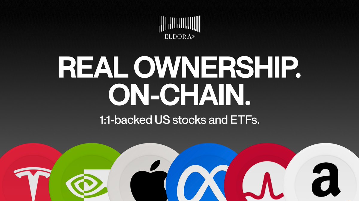 eldoraglobal's tweet photo. The future won't wait.

Real ownership is already moving on-chain.

Access 1:1-backed U.S. stocks and ETFs with Eldora. https://t.co/FSkdoo4lLX