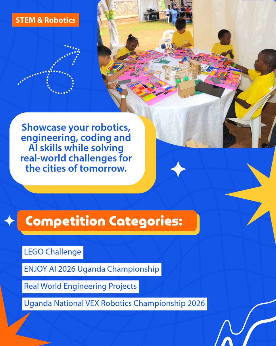 ASISTUganda's tweet photo. The Uganda National STEM & Robotics Championship 2026 is approaching fast. 🚀🇺🇬

📅 6 November 2026 | 📍 UMA Multipurpose Hall, Kampala

4 categories: LEGO Challenge | ENJOY AI | VEX Robotics | Real-World Engineering

Theme: Smart Cities & Intelligent Systems
Register now: https://t.co/TFIm6PqdFj

@RugyendoQuotes @Kamaureen @YoungEngneersUG 
#STEMChampionship2026 #RoboticsUganda #ASIST #Innovation #Uganda