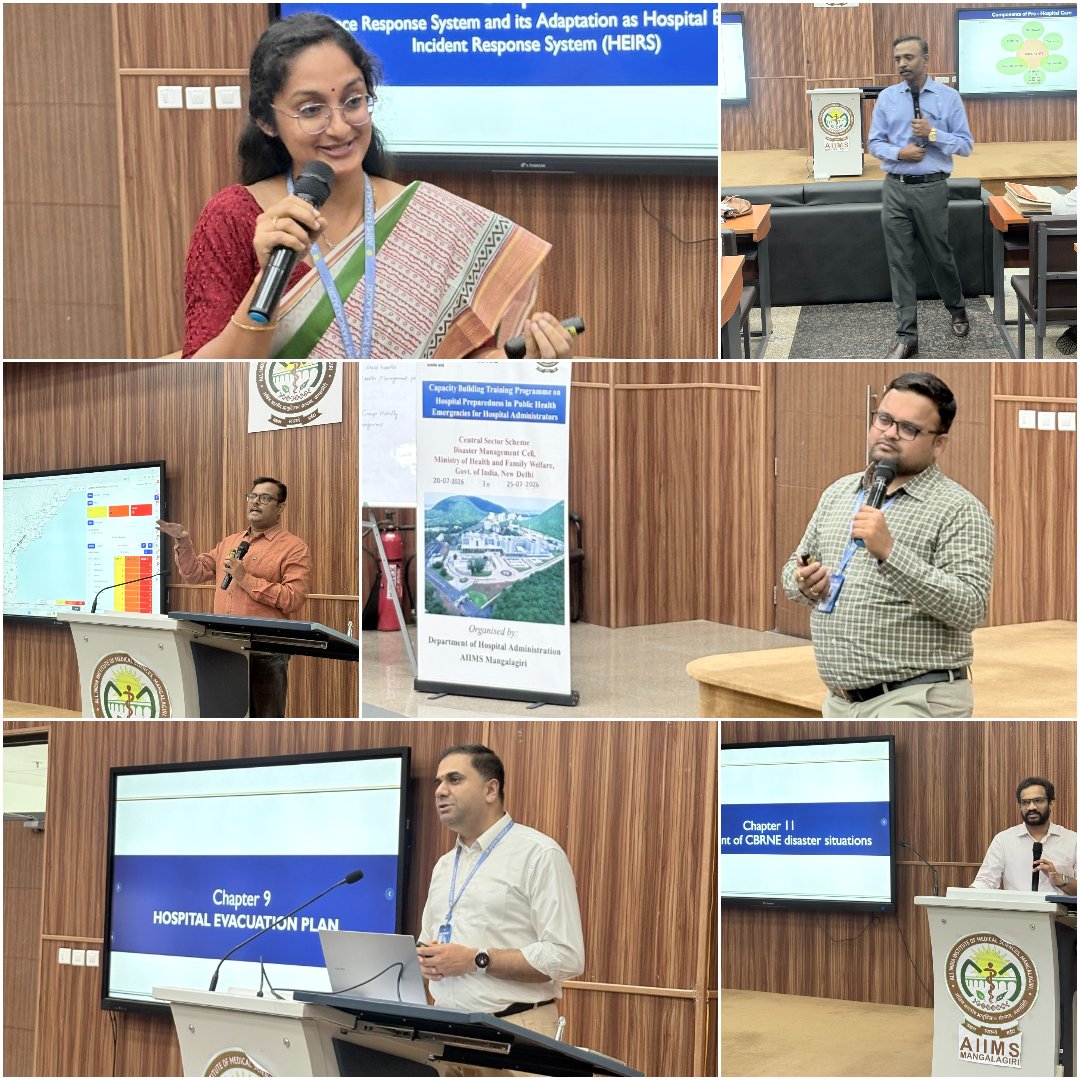 mangalAiimsAP's tweet photo. A 6 Day Capacity Building Training Programme on Hospital Preparedness during Public Health Emergencies for Hospital Administrators, under aegis of  DM cell @MoHFW_INDIA was successfully organised from 20th July 2026 to 25th July 2026, by Dept. of Hospital Administration, AIIMS Mangalagiri under the Chairmanship of Hon’ble Executive Director & CEO, Prof. (Dr.) Ahanthem Santa Singh. 
Around 40 participants from Andhra Pradesh,  Chhattisgarh, & Telangana, were part of the training programme. #AIIMSMangalagiri #Disastermanagement #Capacitybuilding #Training 
@JPNadda 
@mpprataprao
@AnupriyaSPatel
@ICMRDELHI
@NITIAayog