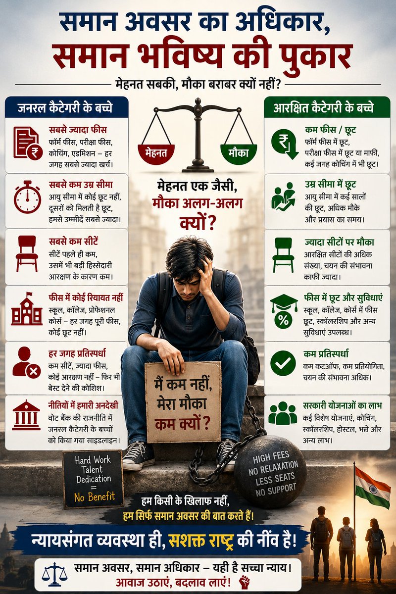 vijaybugsbunny's tweet photo. जब मेहनत, किताबें और सपने सबके एक जैसे हैं,
तो अवसर अलग-अलग क्यों? #endreservations
#reservationhataoandolan https://t.co/UNCEIauwi2