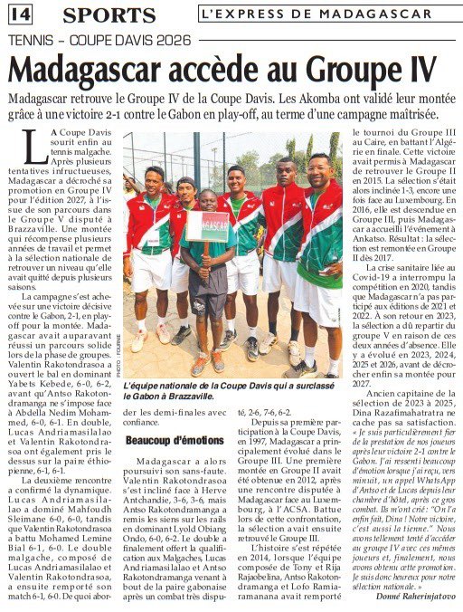 FanjaAlida's tweet photo. 🇲🇬 tennis team is finally in Group 4 after their victory over Gabon. They did it finally.
Read the full article 👇🏾
#DavisCup #Akomba https://t.co/zx8IeT3iLY