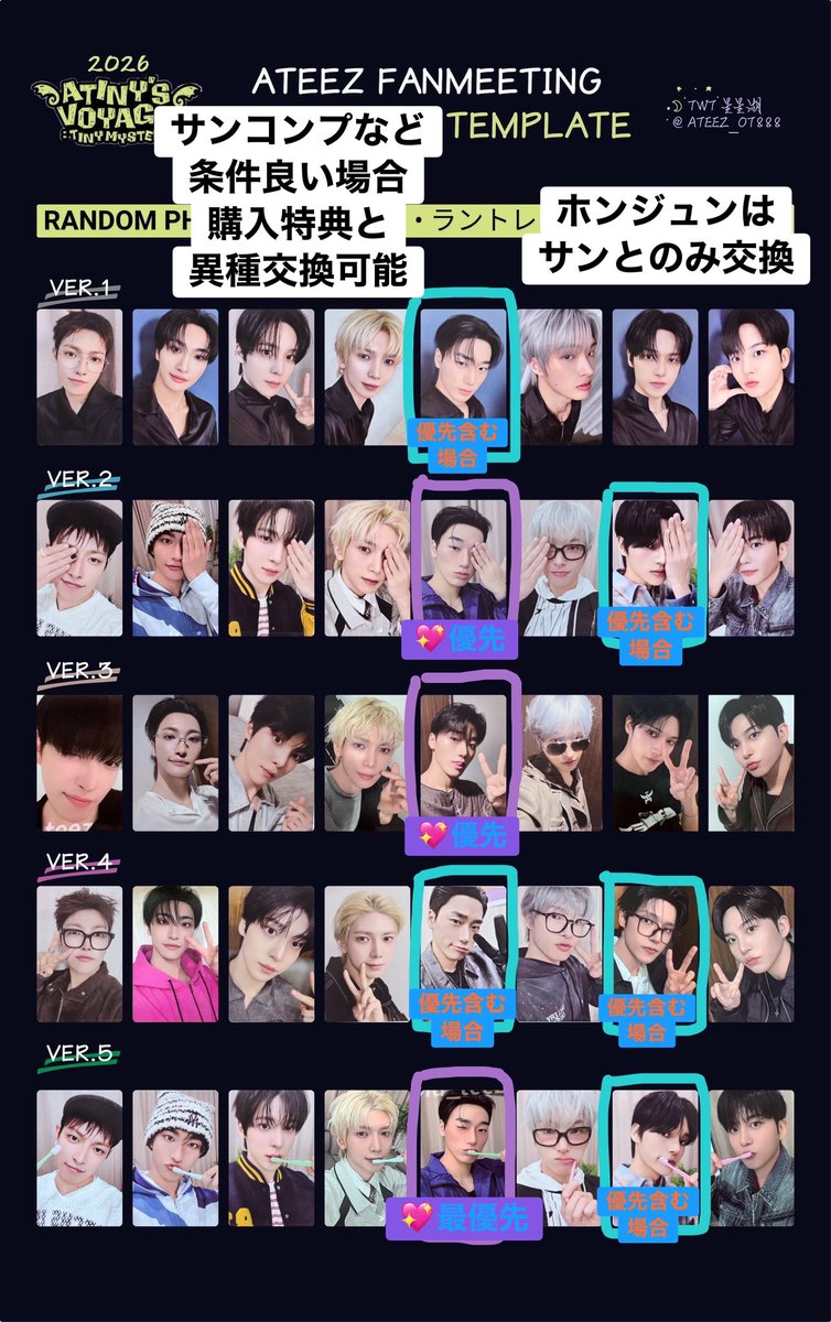 lotus_0429's tweet photo. 【交換】2026 ATEEZ FANMEETING ATINY'S VOYAGE: TINY MYSTERY IN OMOTESANDO オモカド トレカ 購入特典 ポップアップ POPUP ラントレ

 譲) ホンジュン ヨサン ウヨン ジョンホ
求) サン > ウヨン
好条件　特典↔︎ラントレ異種可

後日都内、日本ペンミ456全日手渡し
郵送も🙆‍♀️
お気軽に
 #ATEEZ交換 https://t.co/XOPGRR4DAa