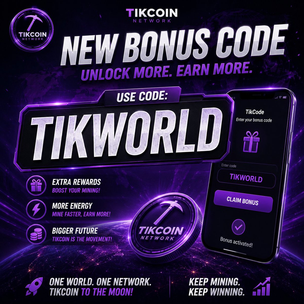 TikCoin_Network's tweet photo. Bonus Code : TIKWORLD https://t.co/5pClDZHdty