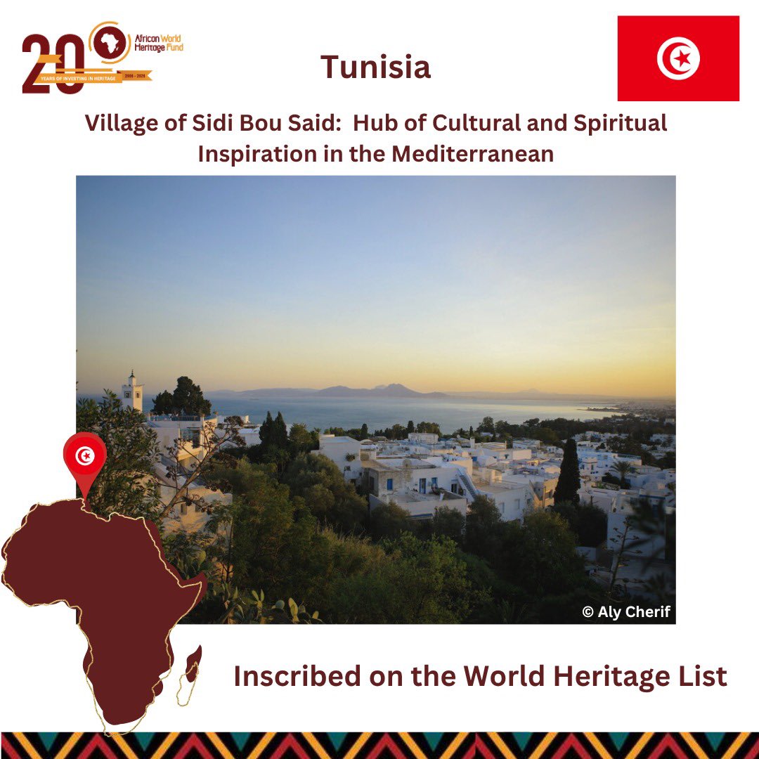 African_WH_Fund's tweet photo. A new milestone for Africa at #48COM! 🇹🇳 The Village of Sidi Bou Said is officially inscribed on the UNESCO World Heritage List. This clifftop jewel is celebrated as Mediterranean hub of cultural-spiritual inspiration, famous for its 13th-century Sufi roots &amp; iconic architecture. https://t.co/aL6qPr9XAA
