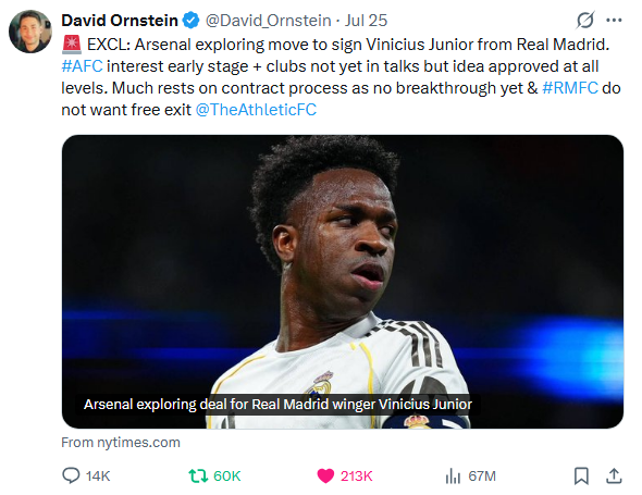 OEliud1's tweet photo. What many people ignore in Vinicius Junior's saga at Real Madrid is  - he wants to be the main man. That can't happen because of Mbappe. Salary or contract is not the issue here. That is why he can easily join Arsenal where his wages will above everyone and be the main man. https://t.co/xRIrBdimew