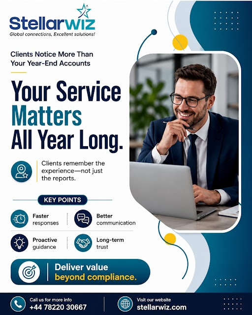 stellarwiz's tweet photo. Your Service Matters All Year Long
Clients remember more than tax returns.

📞 +44 78220 30667
📩 sales@stellarwiz.com
🌐 https://t.co/WqPTzdDLAx

#StellarWiz #AccountingFirm #ClientExperience #BusinessAdvisory #AccountingServices #FinanceExperts https://t.co/iJTsVBUiAh