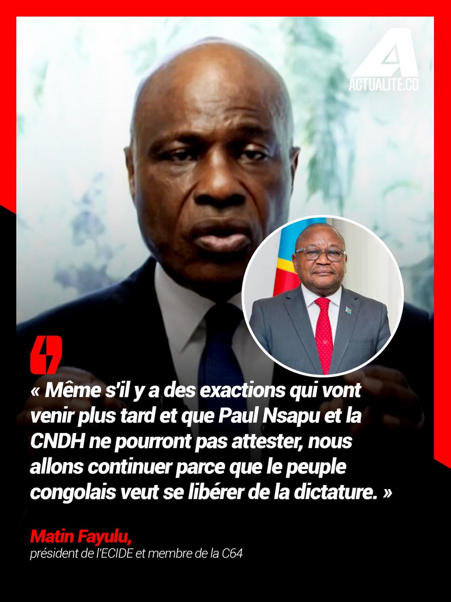 actualitecd's tweet photo. 🗣️ Martin Fayulu est déterminé :

« Même s'il y a des exactions qui vont venir plus tard et que Paul Nsapu et la CNDH ne pourront pas attester, nous allons continuer parce que le peuple congolais veut se libérer de la dictature » https://t.co/XseFfoAKhH