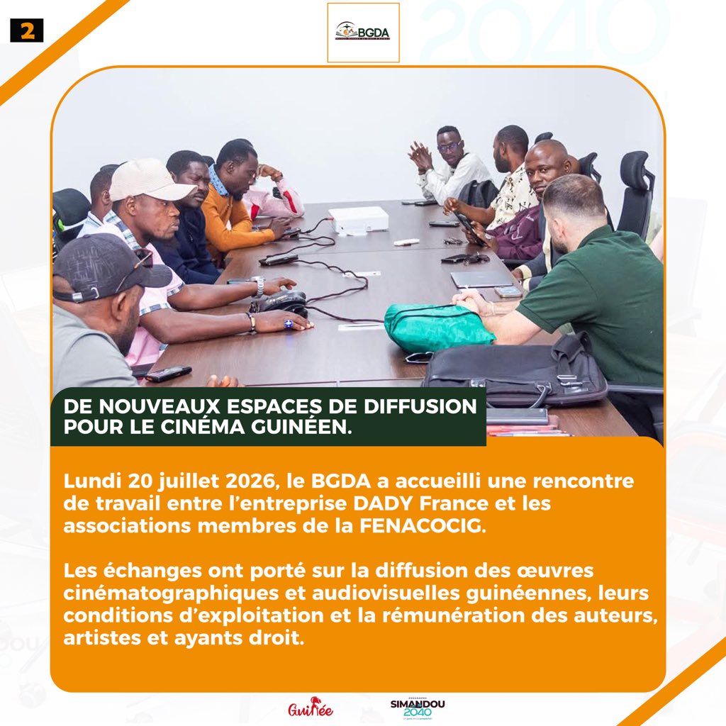 bgda_gn's tweet photo. L’HebdoDuBGDA

Une semaine rythmée par des rencontres, des échanges stratégiques et des actions au service des créateurs.

Découvrez les principales activités menées par le BGDA du 20 au 24 juillet 2026.

#BGDA #DroitDAuteur #CultureGuinéenne https://t.co/Bgx8jhnVAA