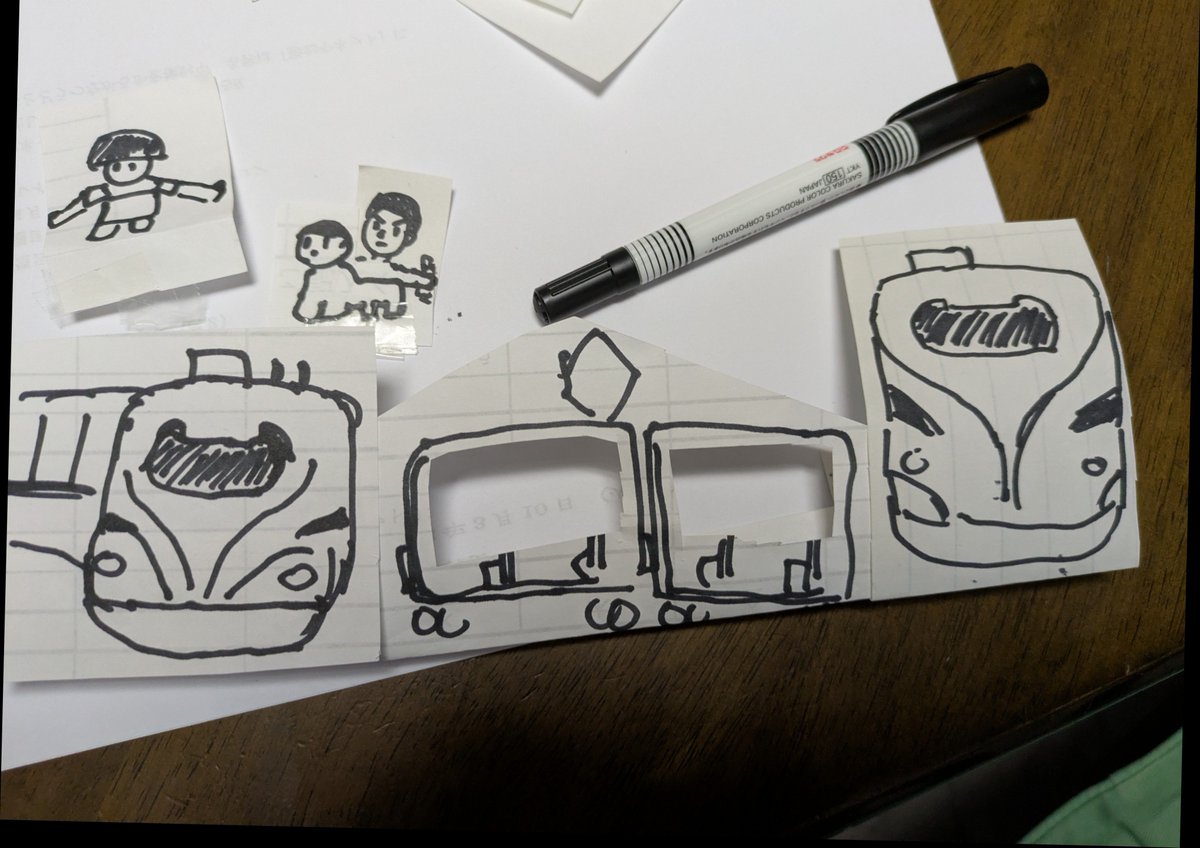kojaku8's tweet photo. 知り合いが子供を連れてきて、遊び相手になってあげて、電車を描いてあげたら、窓空けて、新幹線が好き、と要望に応えていったら、凄い電車になりました https://t.co/MKpZ5afQOi