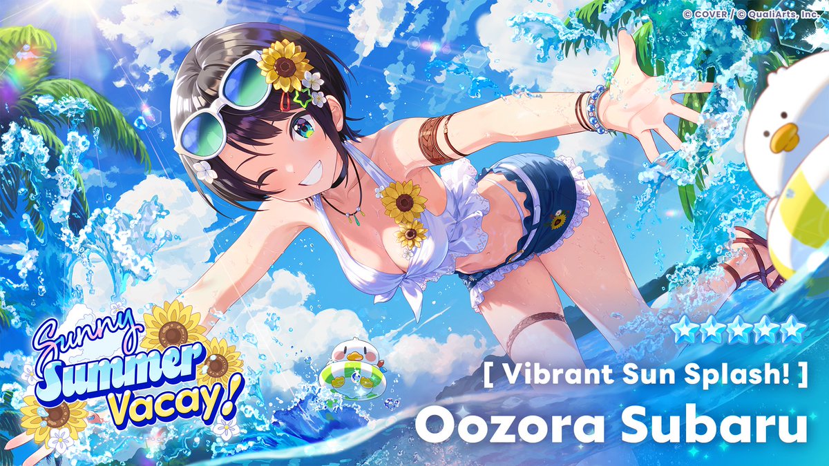 holo_dreams_en's tweet photo. /／
A new ★5 Member enters the stage! ✨
Available in the gacha starting Tuesday, July 28 at 11:00 AM (JST)! 🎉
\＼

Revealing the illustration for ★5 [Vibrant Sun Splash!] Oozora Subaru🚑

Obtain both her Park Outfit and Live Outfit when pulling her! ✨

#holodori #OozoraSubaru
