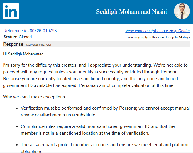 PetroSChem's tweet photo. I’m locked out of my 10+ year @LinkedIn account due to rigid @Persona verification. Facing active regional conflict, closed airspace, &amp; sanctions, LinkedIn’s automated bots refuse manual review—blanket-banning innocent professionals based purely on location. #HumanRights https://t.co/OzxbqM6Z4l